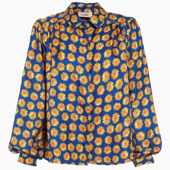 Lisou Eliza Blue Daisy Print Silk Twill Button Front Shirt Size 4 - Picture 1 of 6